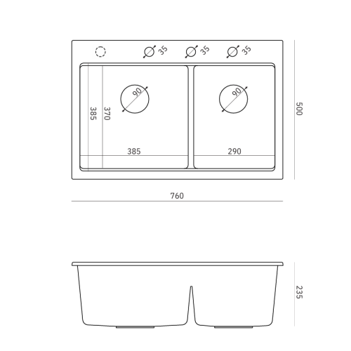 rysunek techniczny zlewozmywak 2 komorowy granitowy nablatowy 76x80cm